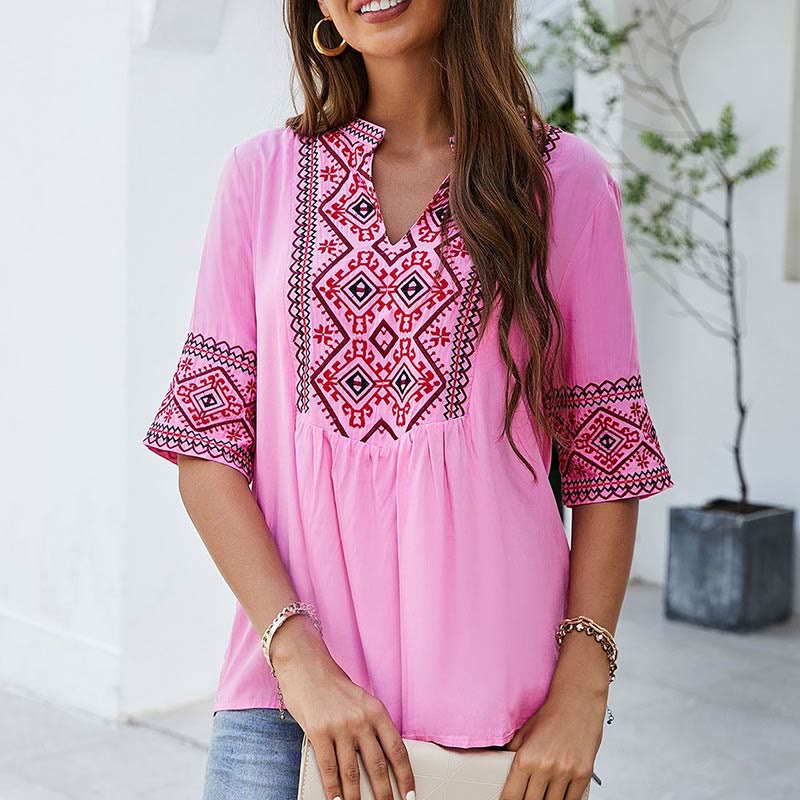 Summer Boho Embroidery Floral Pattern Half Sleeve V-neck Cotton Women's T-Shirt