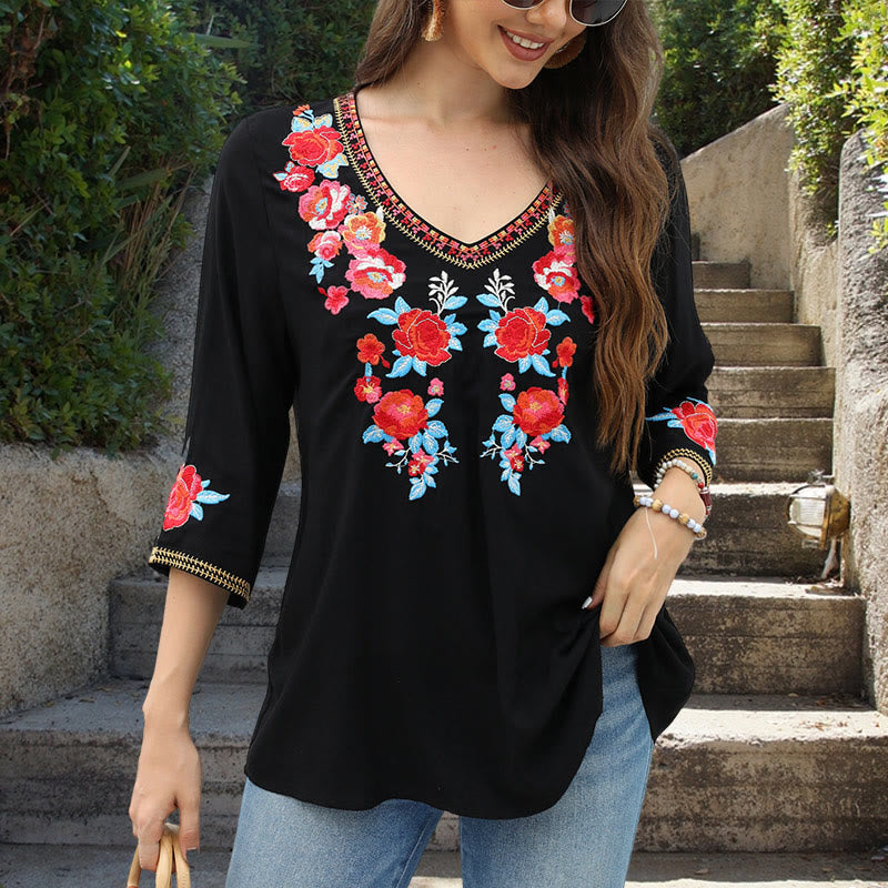 Tactile Cotton Embroidered Rose Mindful Women's T-Shirt