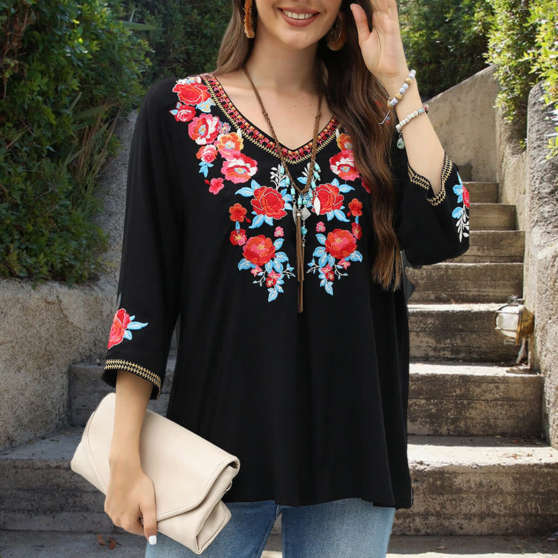 Tactile Cotton Embroidered Rose Mindful Women's T-Shirt