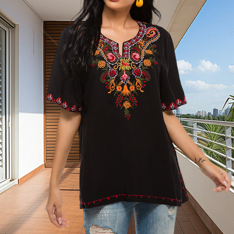 Black Casual Embroidery Flower Design Half Sleeve Notched Cotton Women's T-Shirt