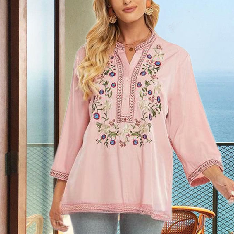 Pure Color Embroidery Flower Design Long Sleeve V-Neck Cotton Women's T-Shirt