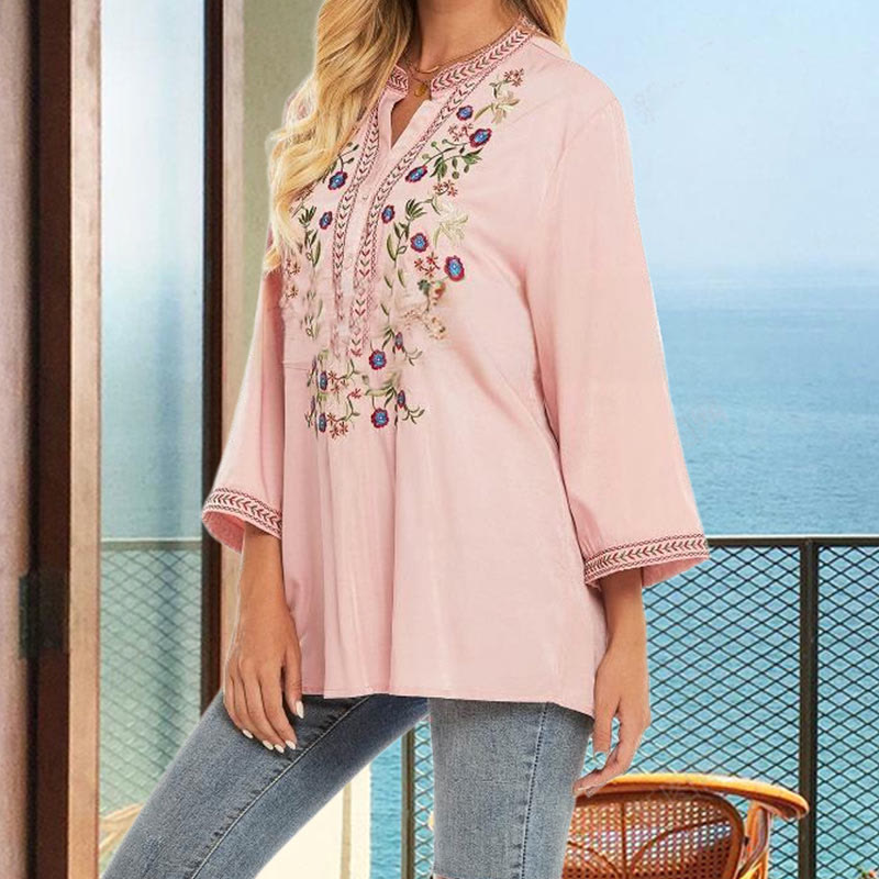 Pure Color Embroidery Flower Design Long Sleeve V-Neck Cotton Women's T-Shirt