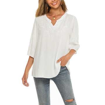 Casual Solid Color Embroidery Flower Three Quarter Sleeve V-Neck Cotton Women's T-Shirt