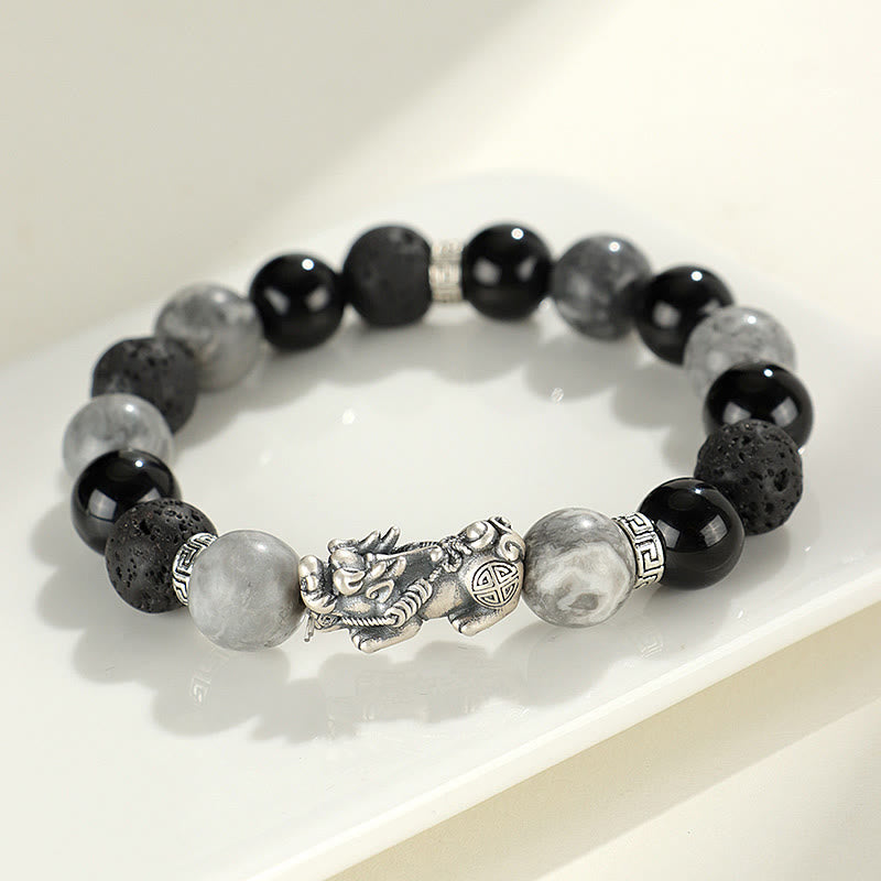 999 Sterling Silver PiXiu Black Onyx Grey Jasper Lava Rock Protection Bracelet