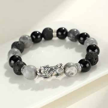 999 Sterling Silver PiXiu Black Onyx Grey Jasper Lava Rock Protection Bracelet