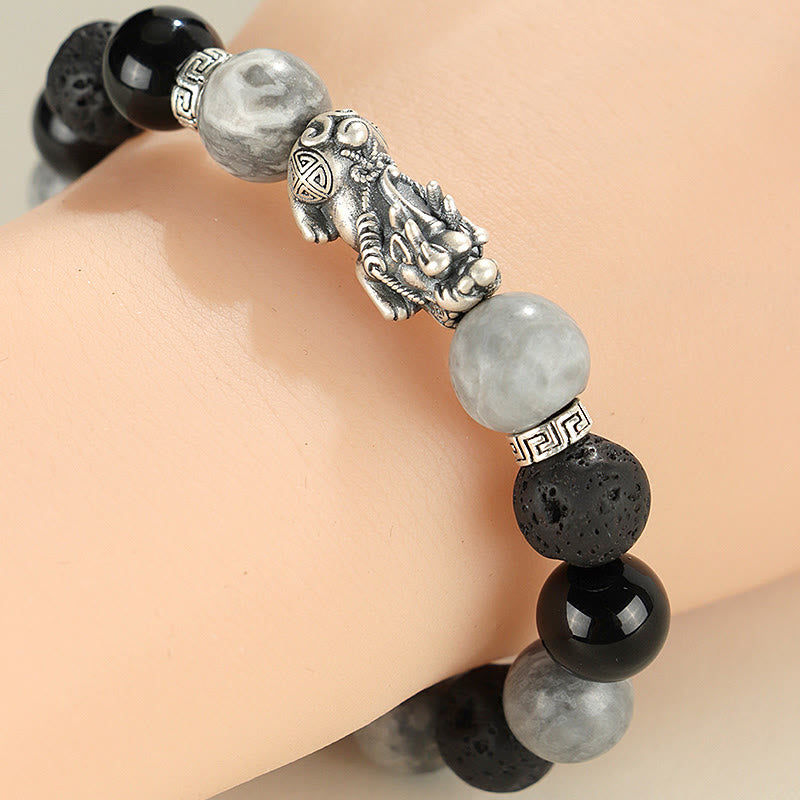 999 Sterling Silver PiXiu Black Onyx Grey Jasper Lava Rock Protection Bracelet