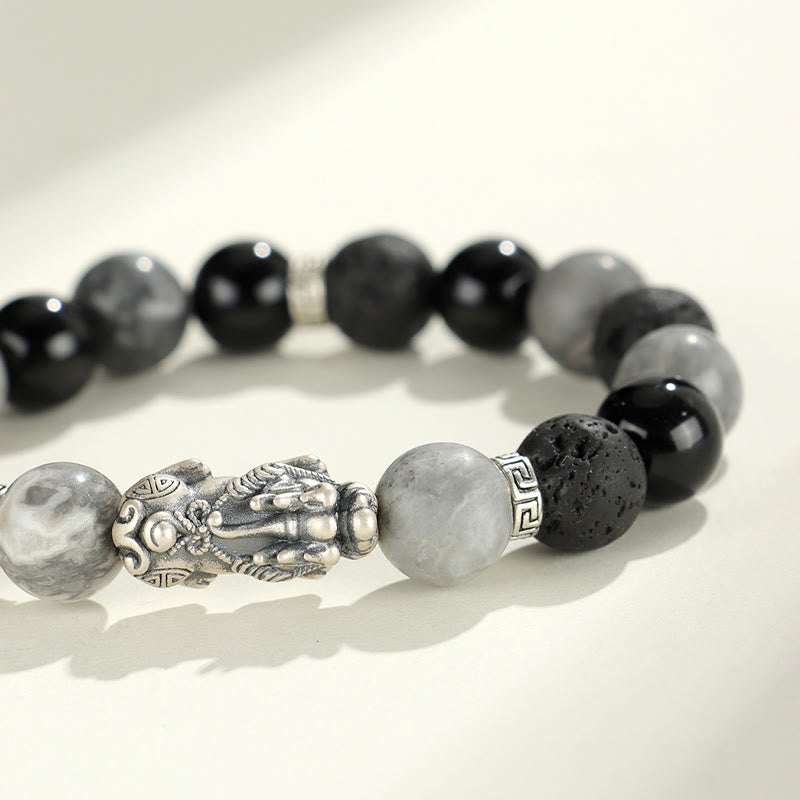 999 Sterling Silver PiXiu Black Onyx Grey Jasper Lava Rock Protection Bracelet