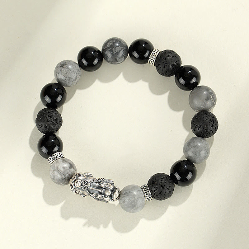 999 Sterling Silver PiXiu Black Onyx Grey Jasper Lava Rock Protection Bracelet