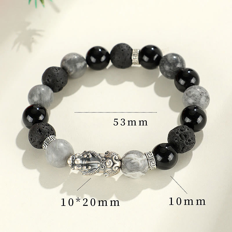 999 Sterling Silver PiXiu Black Onyx Grey Jasper Lava Rock Protection Bracelet