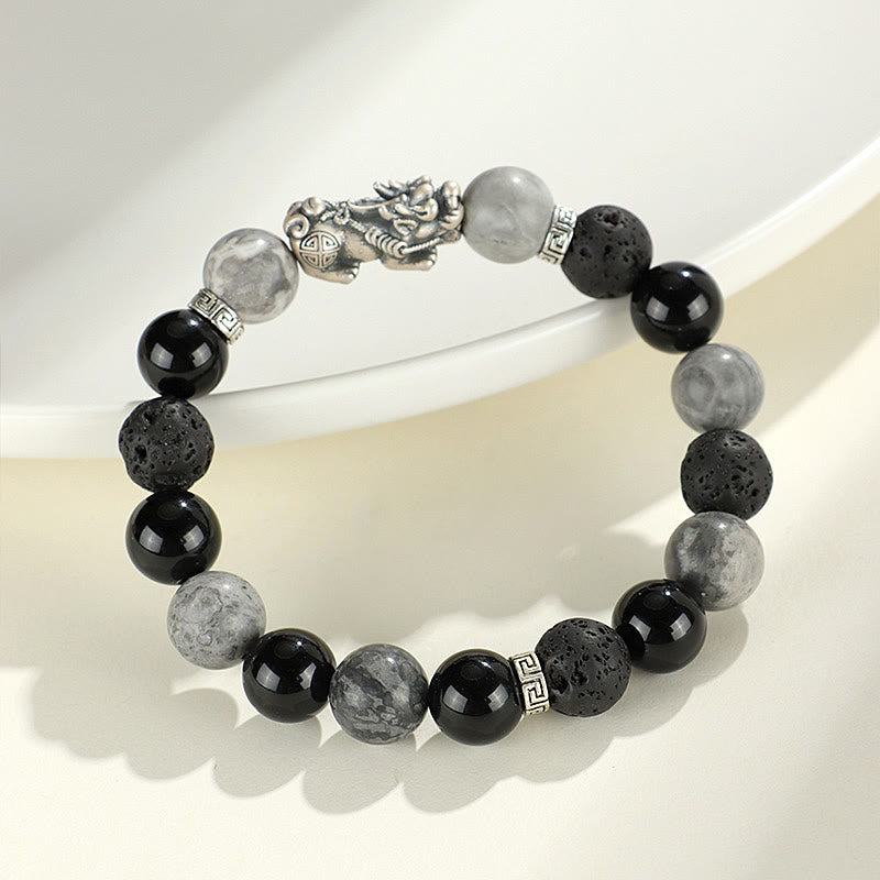 999 Sterling Silver PiXiu Black Onyx Grey Jasper Lava Rock Protection Bracelet