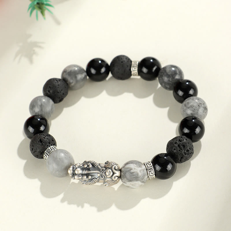 999 Sterling Silver PiXiu Black Onyx Grey Jasper Lava Rock Protection Bracelet