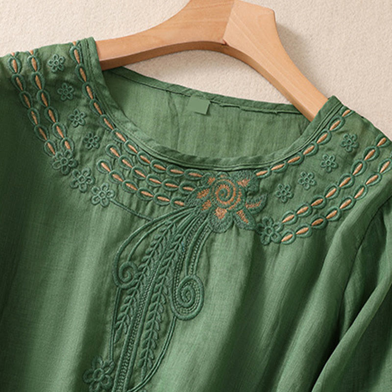 Artistic Plain Floral Embroidered Design Crew Neck Puff Half Sleeve Cotton Linen Women's T-Shirt