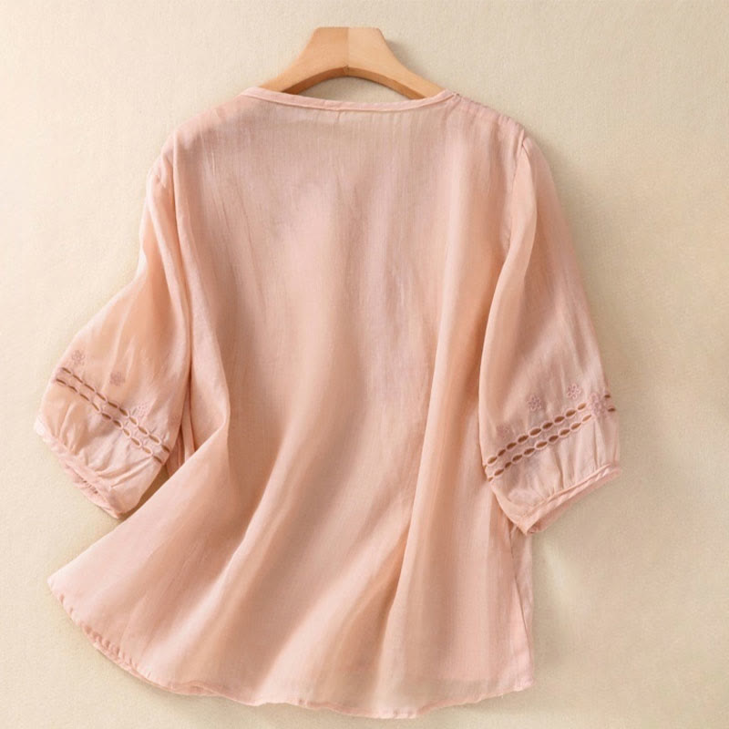 Artistic Plain Floral Embroidered Design Crew Neck Puff Half Sleeve Cotton Linen Women's T-Shirt