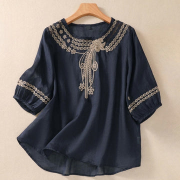 Artistic Plain Floral Embroidered Design Crew Neck Puff Half Sleeve Cotton Linen Women's T-Shirt