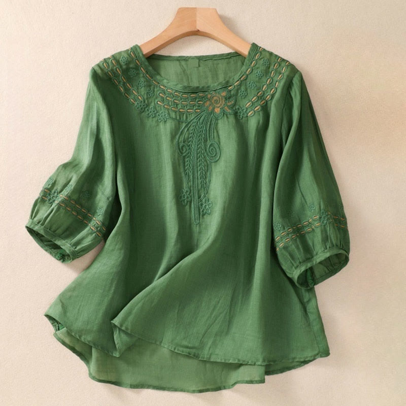 Artistic Plain Floral Embroidered Design Crew Neck Puff Half Sleeve Cotton Linen Women's T-Shirt