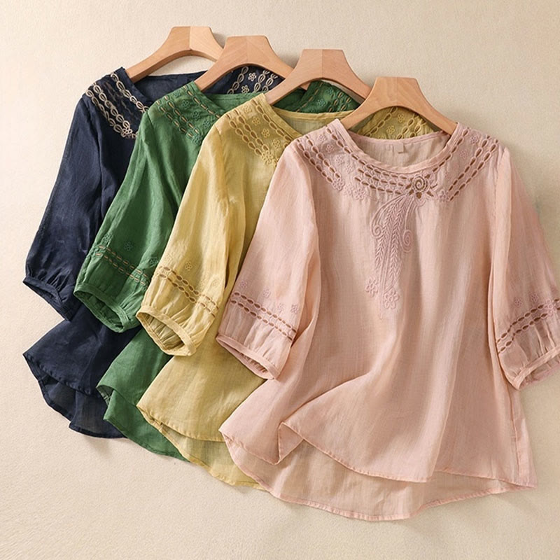 Artistic Plain Floral Embroidered Design Crew Neck Puff Half Sleeve Cotton Linen Women's T-Shirt