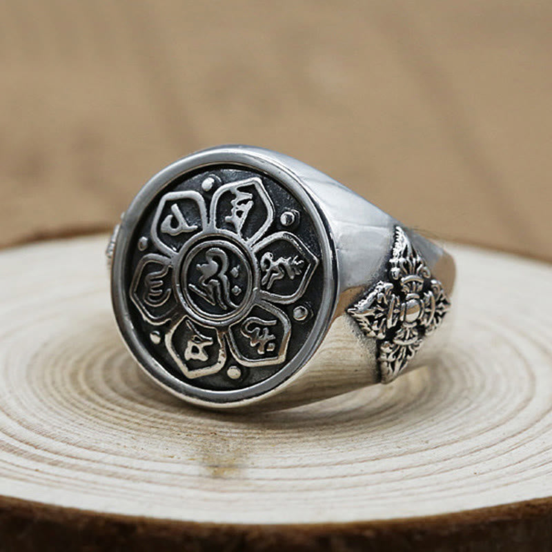Tibetan Om Mani Padme Hum Vajra Pattern Copper Focus Rotatable Ring