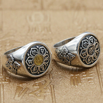 Tibetan Om Mani Padme Hum Vajra Pattern Copper Focus Rotatable Ring