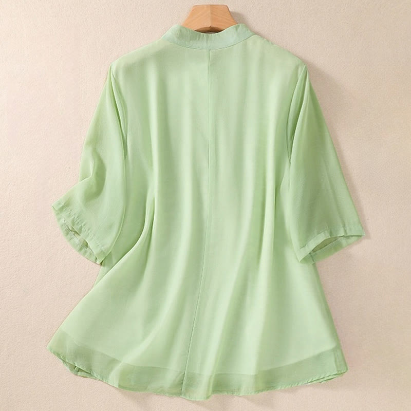 Embroidery Plants Flower Half Sleeve Plain Frog-Button Stand Collar Women's Shirt