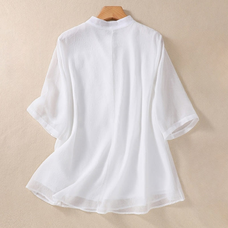 Embroidery Plants Flower Half Sleeve Plain Frog-Button Stand Collar Women's Shirt