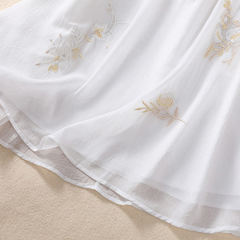 Embroidery Plants Flower Half Sleeve Plain Frog-Button Stand Collar Women's Shirt