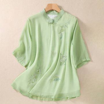 Embroidery Plants Flower Half Sleeve Plain Frog-Button Stand Collar Women's Shirt