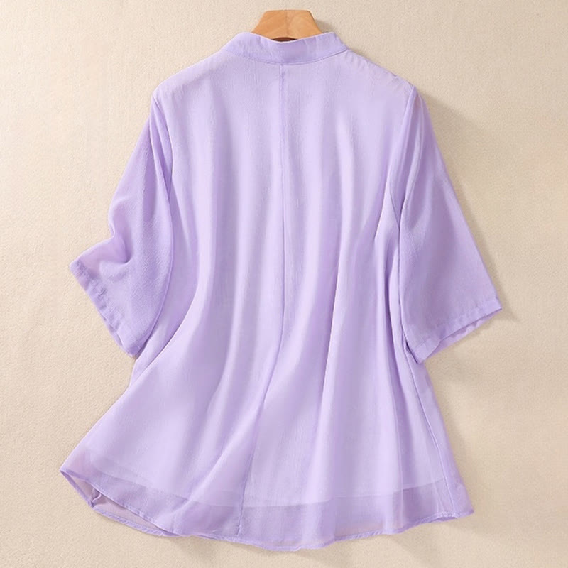 Embroidery Plants Flower Half Sleeve Plain Frog-Button Stand Collar Women's Shirt