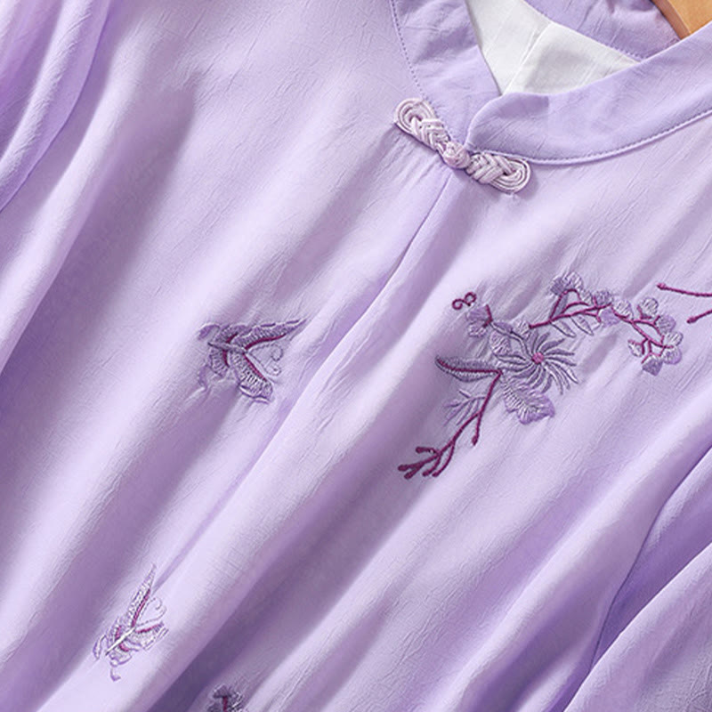 Embroidery Plants Flower Half Sleeve Plain Frog-Button Stand Collar Women's Shirt