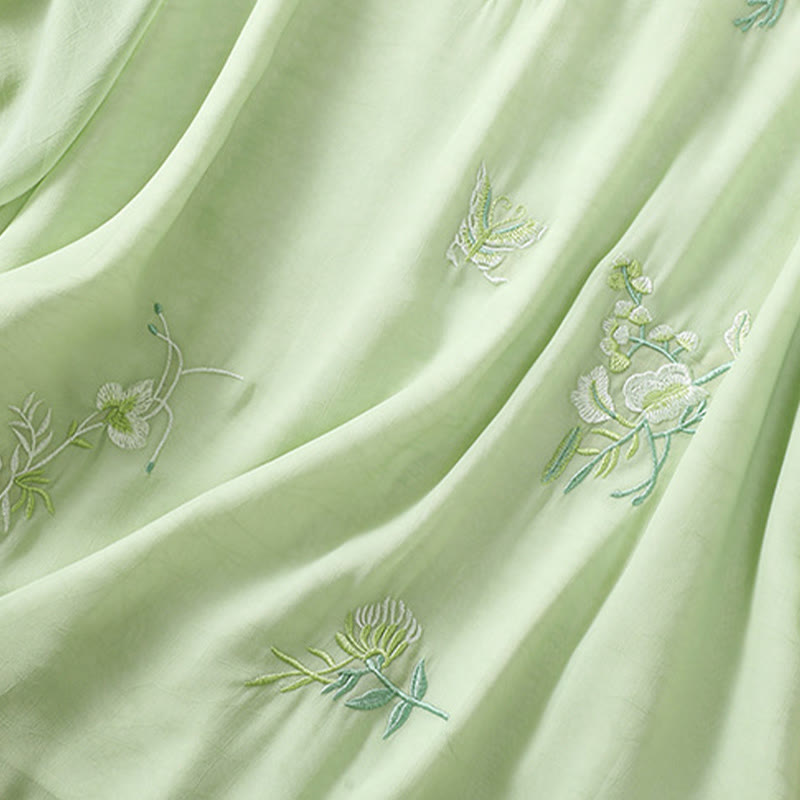 Embroidery Plants Flower Half Sleeve Plain Frog-Button Stand Collar Women's Shirt