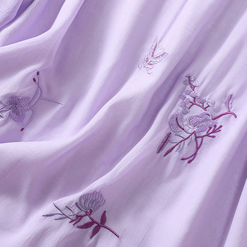 Embroidery Plants Flower Half Sleeve Plain Frog-Button Stand Collar Women's Shirt