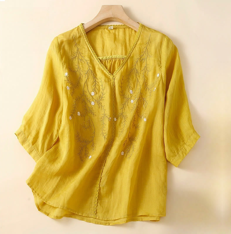 Summer Casual Flower Branches Embroidered Pattern V-Neck Half Sleeve Cotton Linen Women's T-shirt