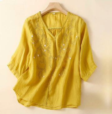 Summer Casual Flower Branches Embroidered Pattern V-Neck Half Sleeve Cotton Linen Women's T-shirt