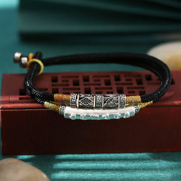 Double Hand-Woven Sterling Silver "Om Mani Padme Hum" Endless Knot Lotus String Bracelet