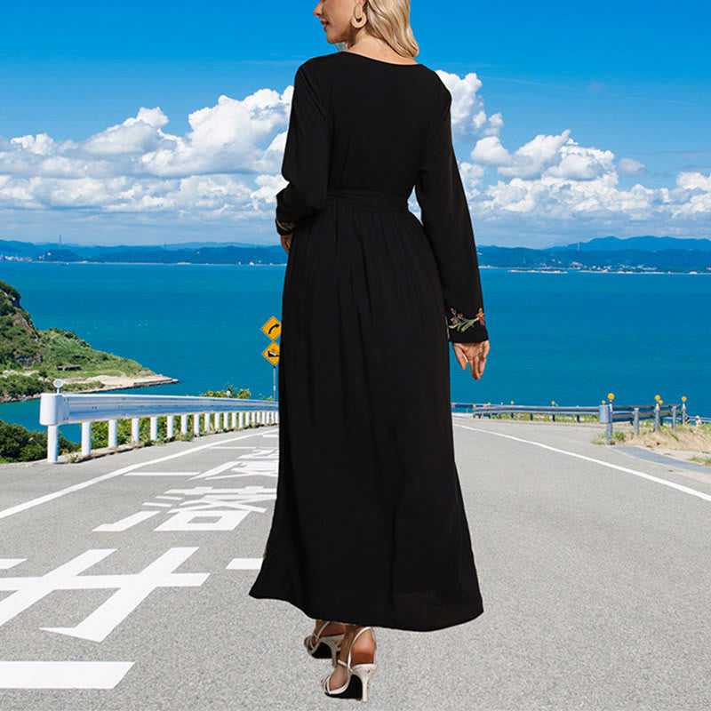 Breathable Cotton Blend Embroidered Long Sleeve Meditation Maxi Dress