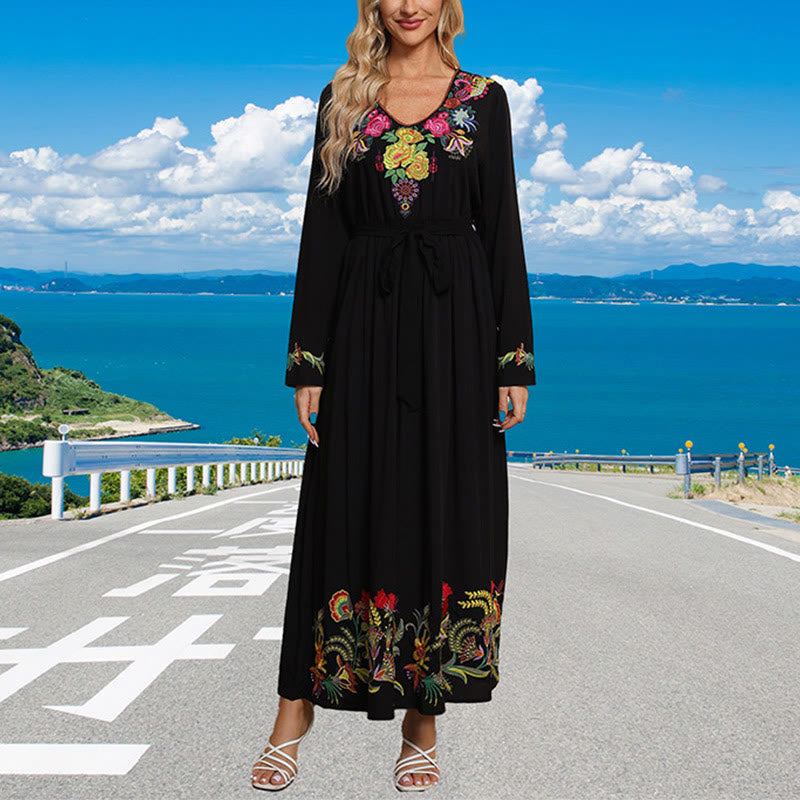 Breathable Cotton Blend Embroidered Long Sleeve Meditation Maxi Dress