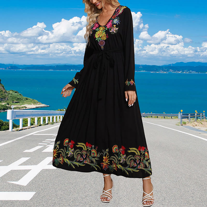 Breathable Cotton Blend Embroidered Long Sleeve Meditation Maxi Dress