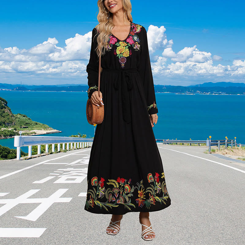 Breathable Cotton Blend Embroidered Long Sleeve Meditation Maxi Dress