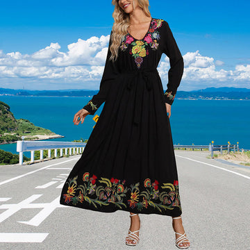 Breathable Cotton Blend Embroidered Long Sleeve Meditation Maxi Dress