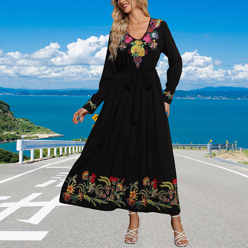 Breathable Cotton Blend Embroidered Long Sleeve Meditation Maxi Dress