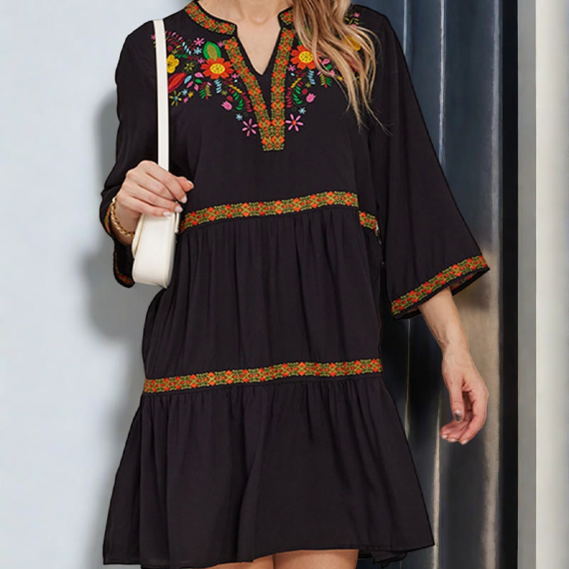 Black Loose Bohemian Embroidery Floral Geometric Pattern Three Quarter Sleeve Cotton Midi Dress