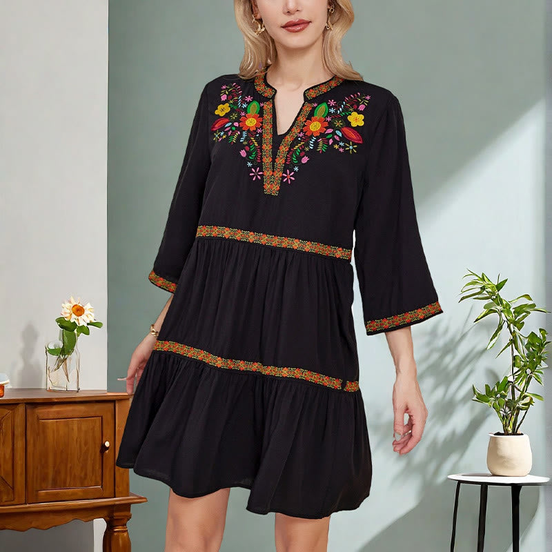 Black Loose Bohemian Embroidery Floral Geometric Pattern Three Quarter Sleeve Cotton Midi Dress
