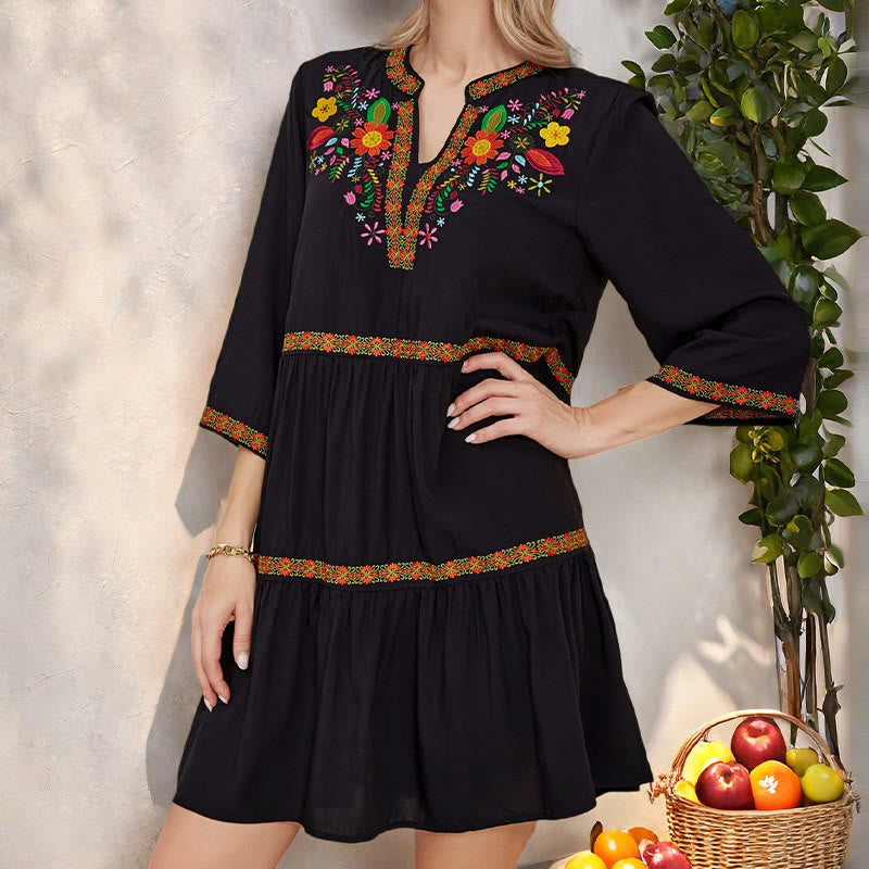 Black Loose Bohemian Embroidery Floral Geometric Pattern Three Quarter Sleeve Cotton Midi Dress