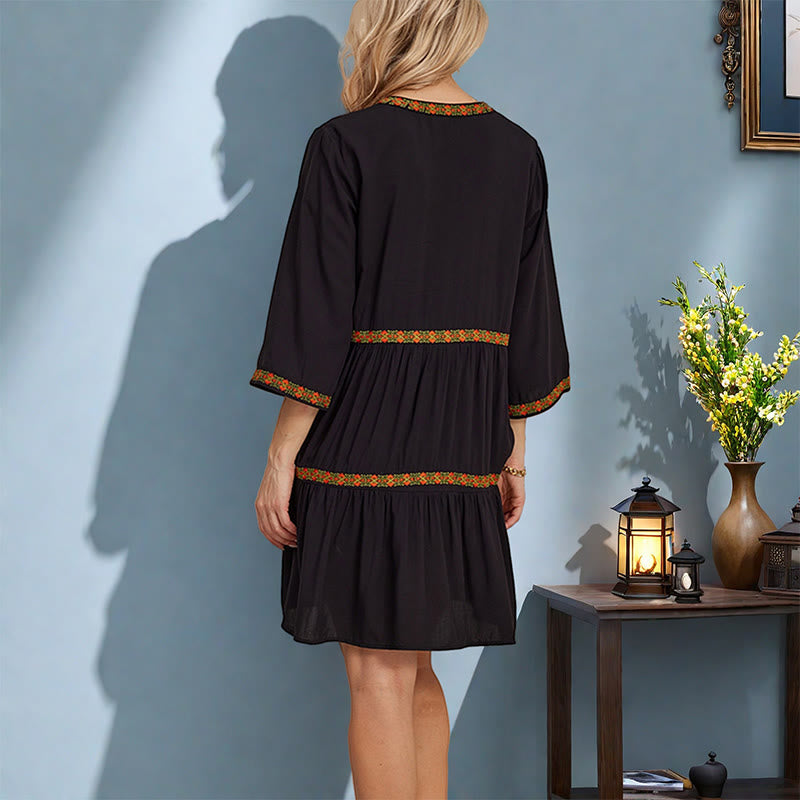 Black Loose Bohemian Embroidery Floral Geometric Pattern Three Quarter Sleeve Cotton Midi Dress