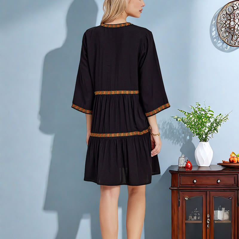 Black Loose Bohemian Embroidery Floral Geometric Pattern Three Quarter Sleeve Cotton Midi Dress