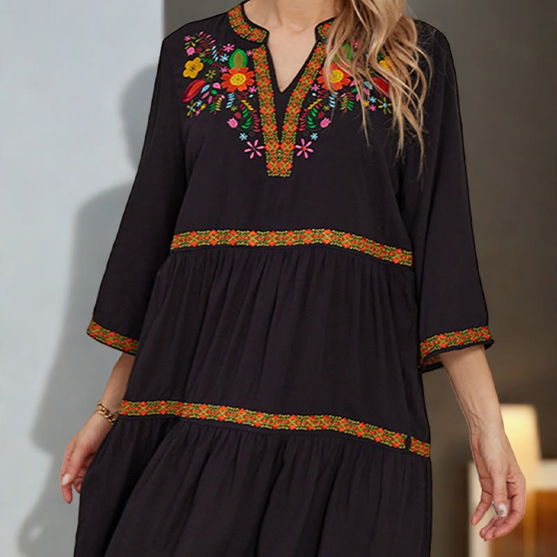 Black Loose Bohemian Embroidery Floral Geometric Pattern Three Quarter Sleeve Cotton Midi Dress