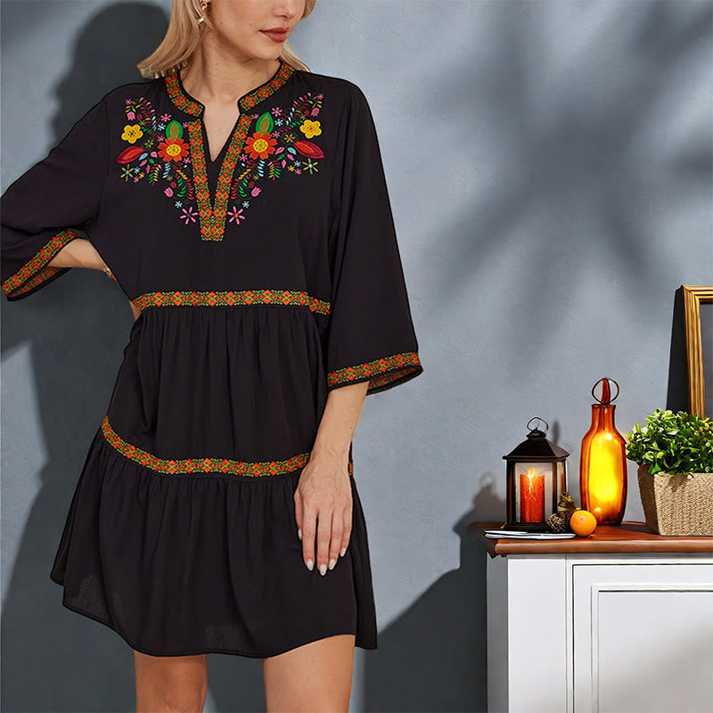 Black Loose Bohemian Embroidery Floral Geometric Pattern Three Quarter Sleeve Cotton Midi Dress