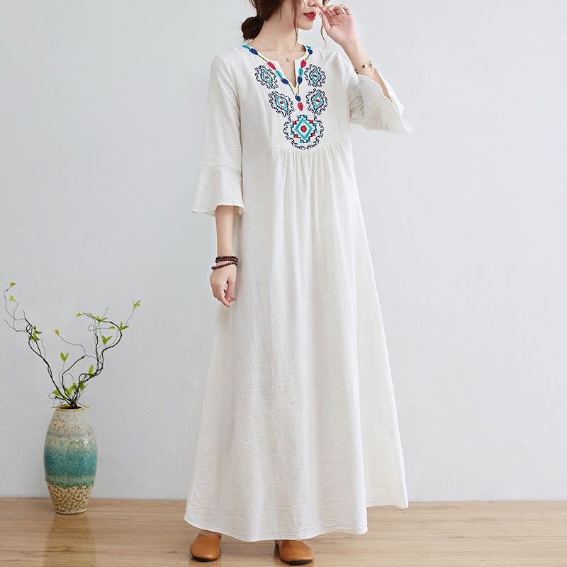 Loose Plain Ethnic Embroidery Floral Pattern Three Quarter Sleeve Cotton Linen Maxi Dress