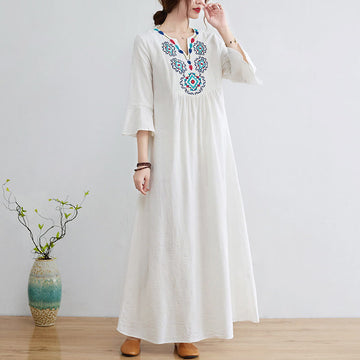 Loose Plain Ethnic Embroidery Floral Pattern Three Quarter Sleeve Cotton Linen Maxi Dress