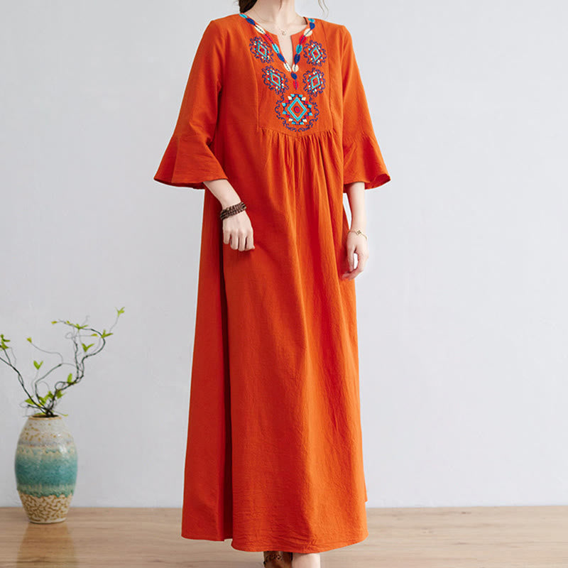 Loose Plain Ethnic Embroidery Floral Pattern Three Quarter Sleeve Cotton Linen Maxi Dress