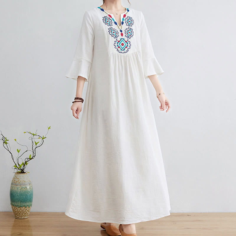 Loose Plain Ethnic Embroidery Floral Pattern Three Quarter Sleeve Cotton Linen Maxi Dress